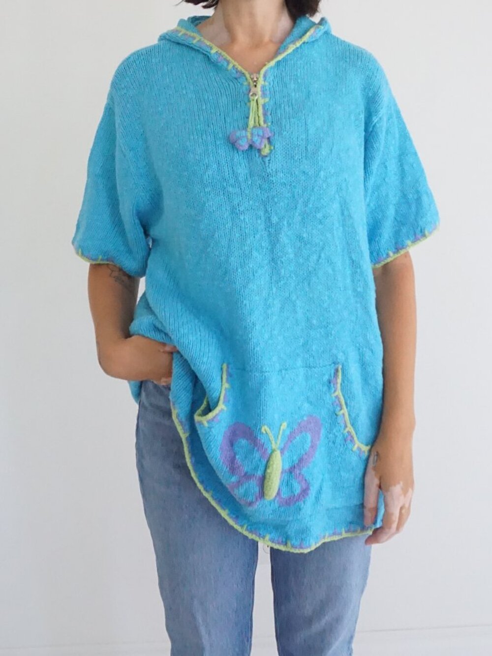 Vintage Quacker Factory Turquoise Butterfly 3D Hooded Zip Front Sweater L